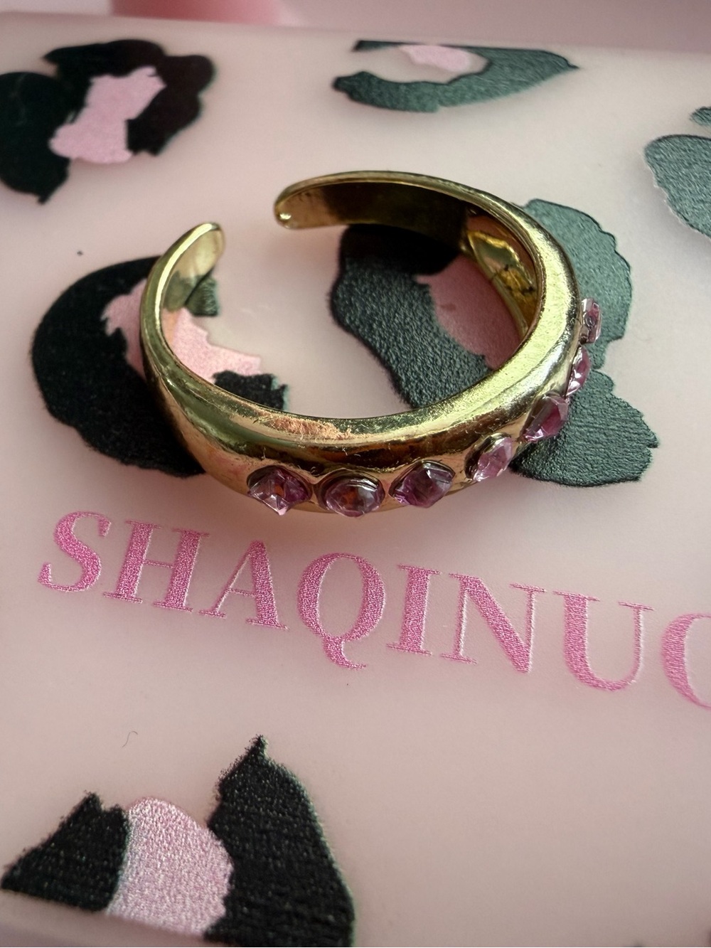 Affordable Fashion Finds Gold-Tone Open Cuff Ring with Pink Stones